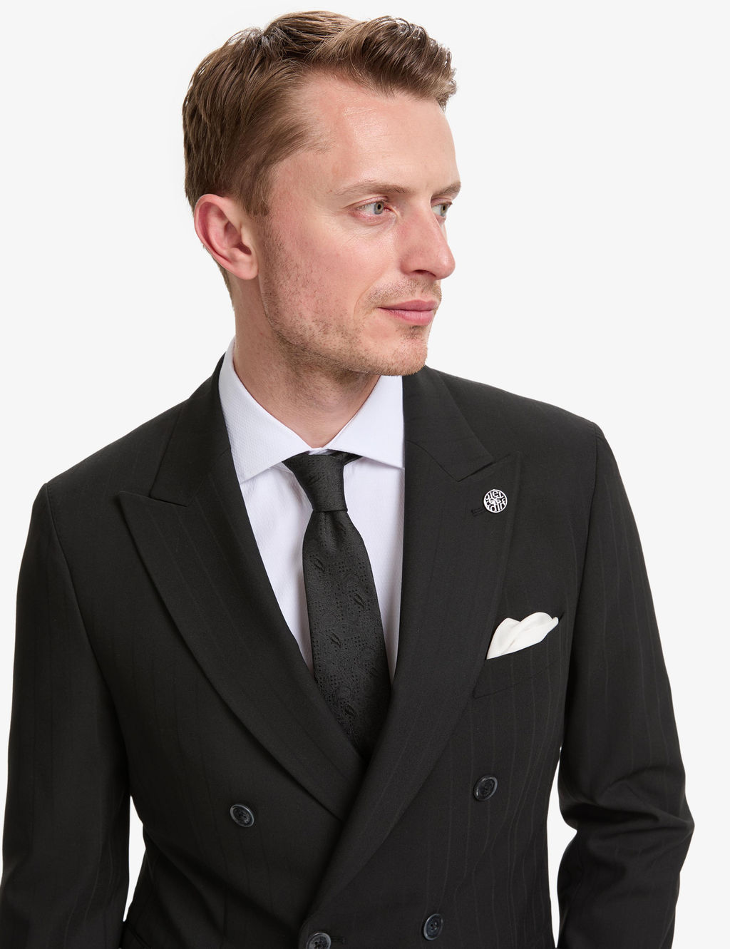 Siyah Ex. Slim Fit _izgili Kruvaze Tak_m Elbise