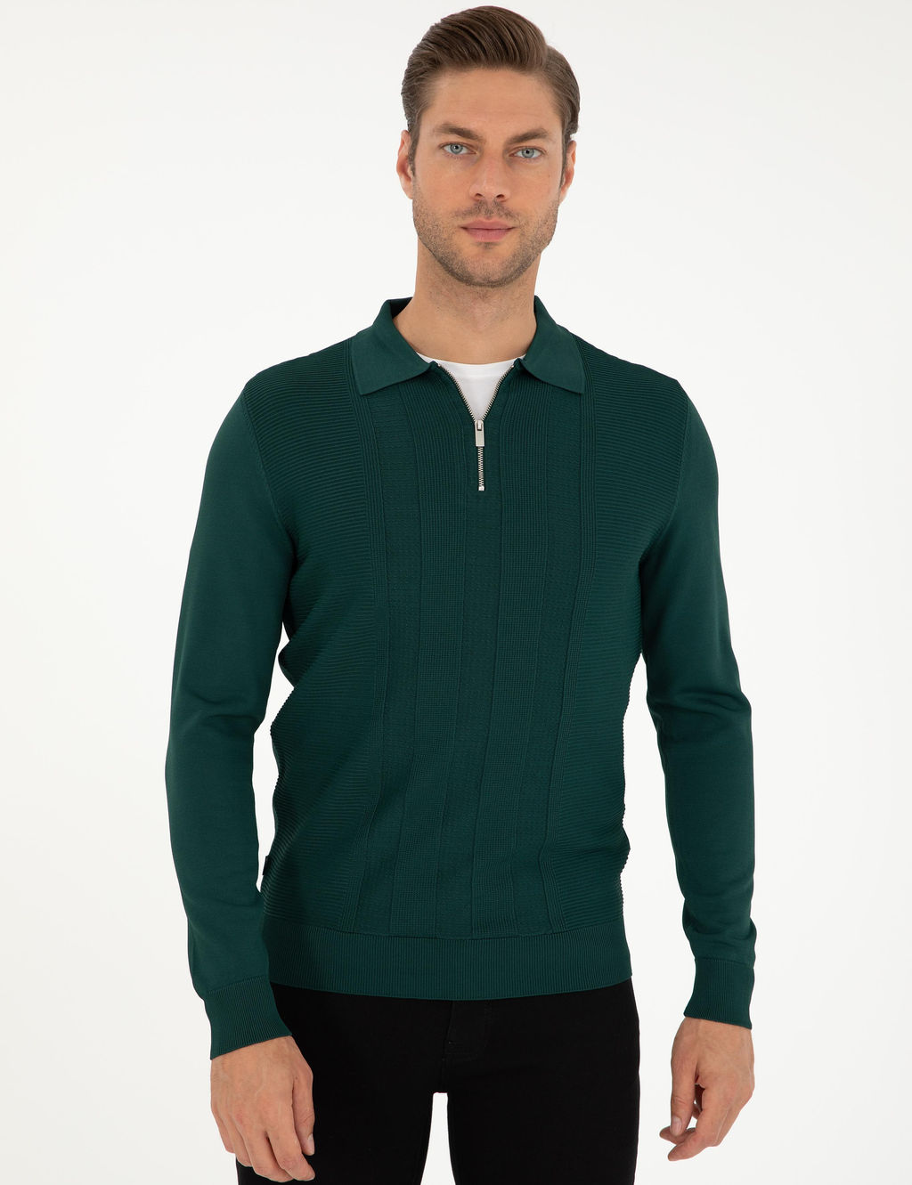 Ye_il Regular Fit Fermuarl_ Polo Yaka Triko Kazak