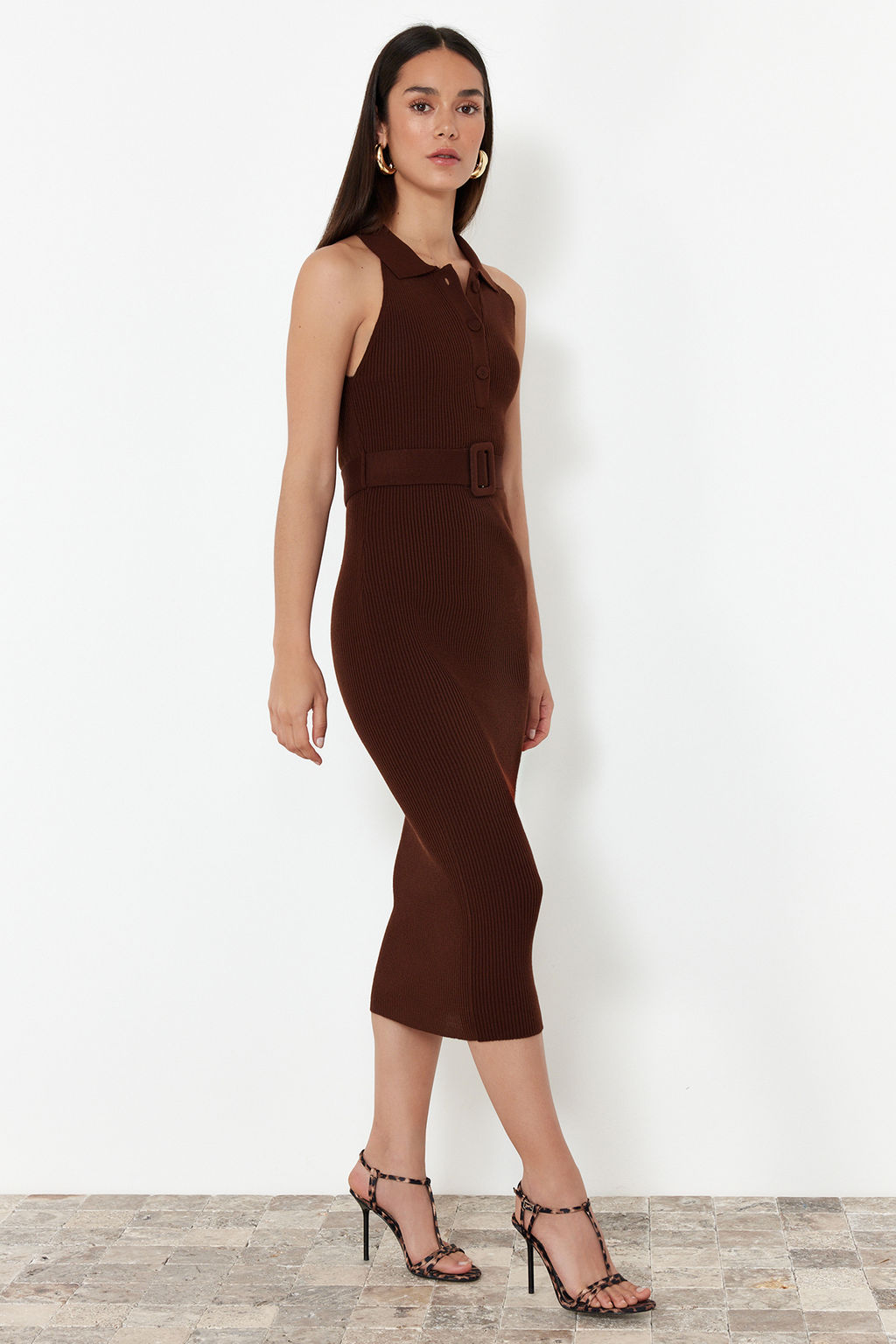 TRENDYOLMILLA Mavi Midi Triko Kemer Detayl? Elbise TWOSS22EL1031  фото 3