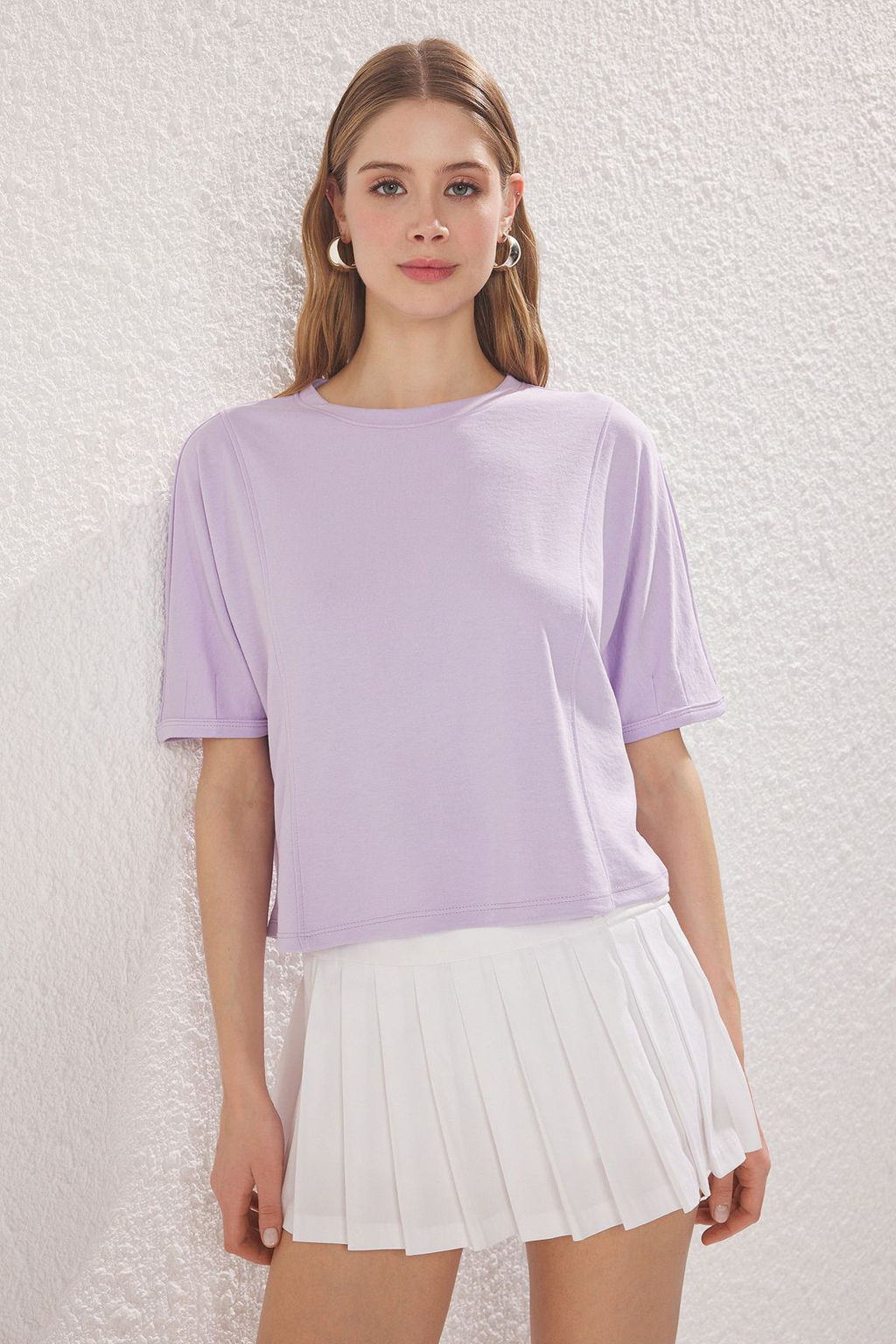 Lila Relaxed/Rahat Kal?p Crop Esnek Orme Bluz TWOSS25BZ00403