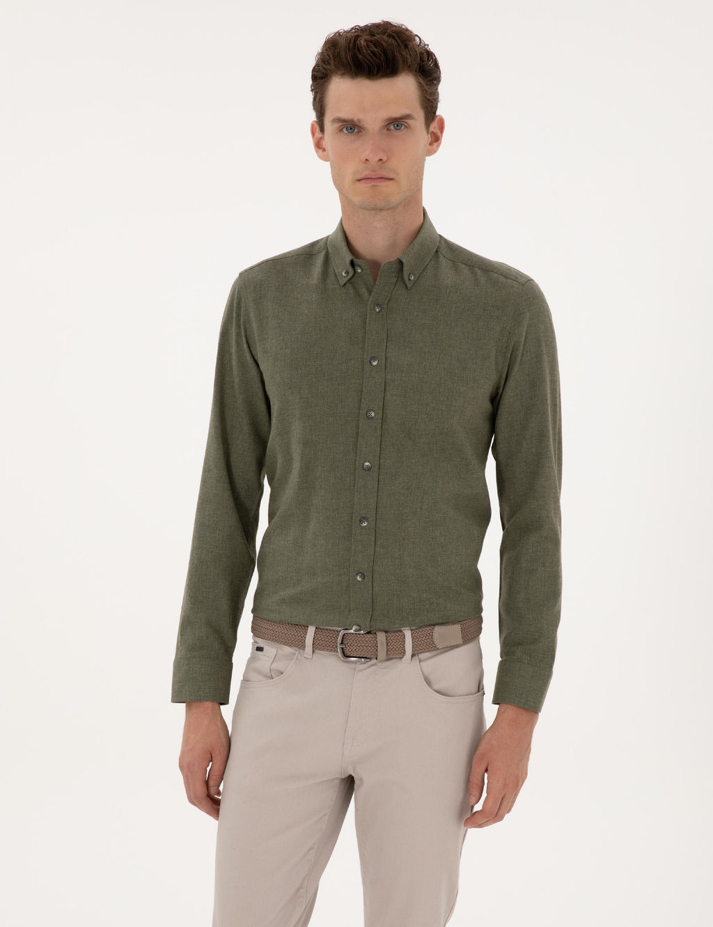 Haki Flanel Dokulu Slim Fit Uzun Kollu G_mlek