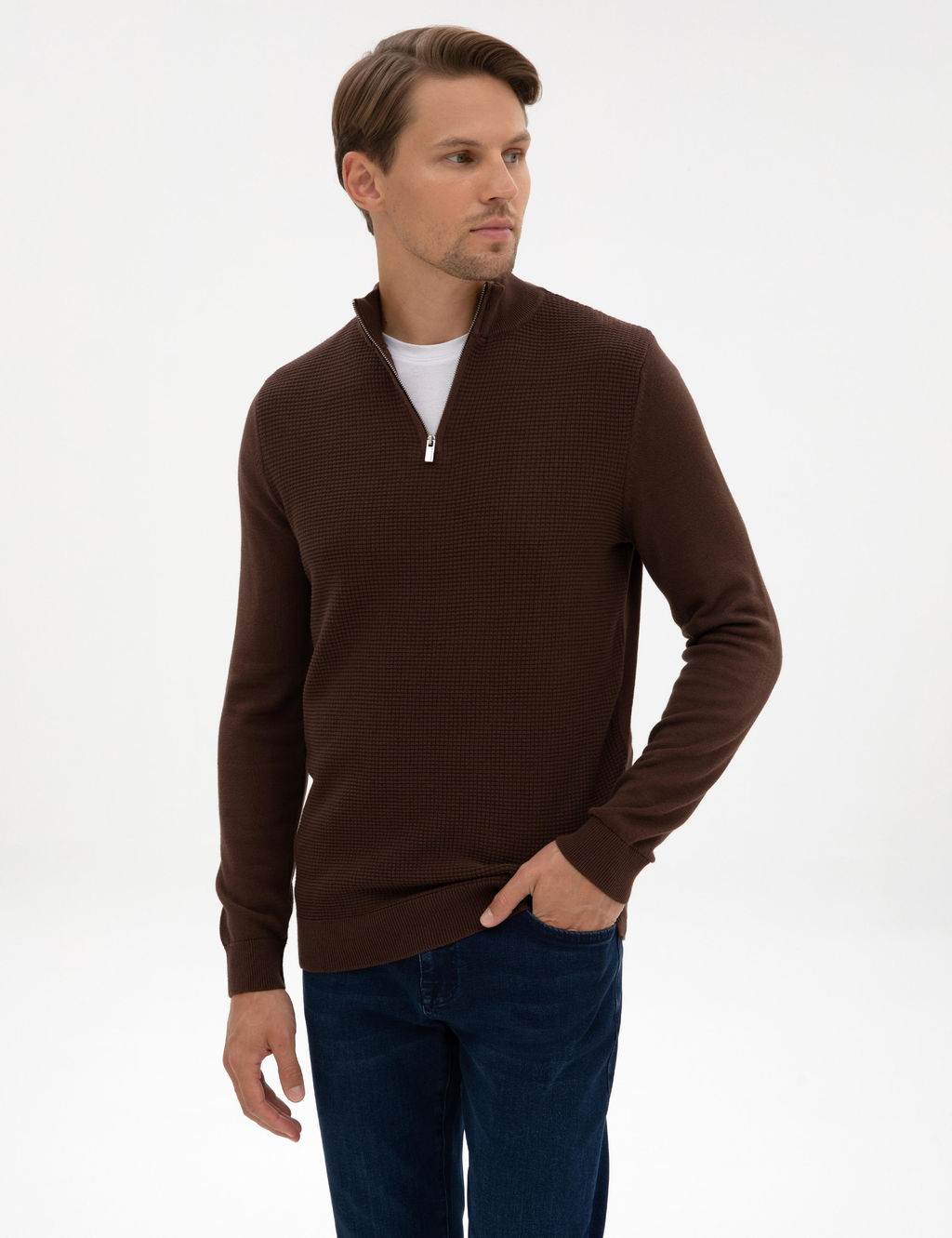 Kahverengi Slim Fit Dik Yaka Fermuarl_ Triko Kazak - Pierre cardin фото 3