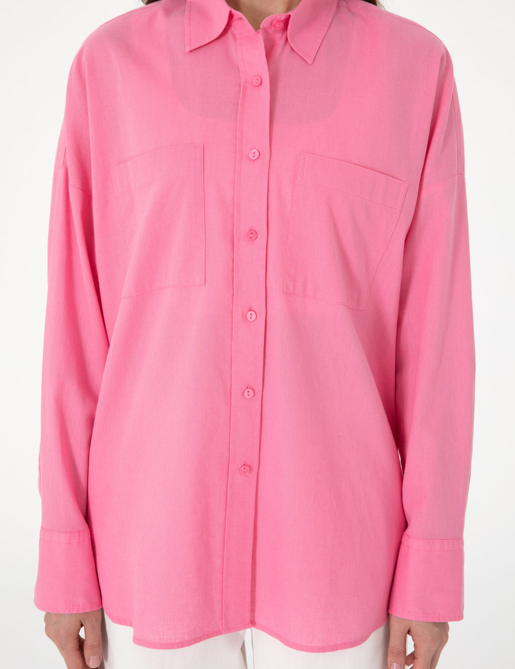 A__k Pembe Oversize Keten Kar___ml_ Uzun Kollu G_mlek