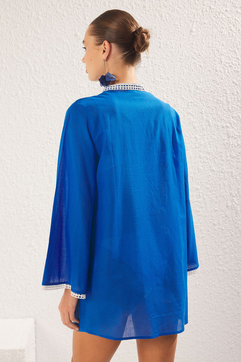 Tropikal Desenli Dokuma %100 Pamuk Plaj Mini Elbise TBESS25EL00027