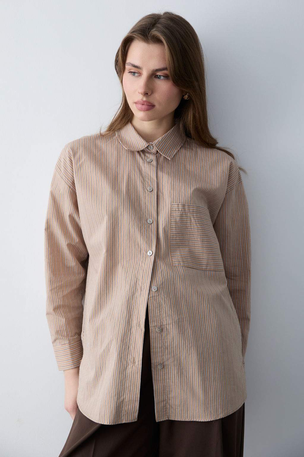 Kahverengi Cizgili Dokuma Gomlek TWOSS26GO00148 - Trendyolmilla фото 2