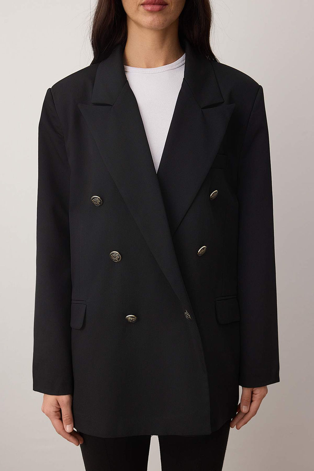 Siyah Kruvaze Kapama Dokuma Oversize Blazer Ceket TWOAW26BC00070 - Trendyolmilla фото 3