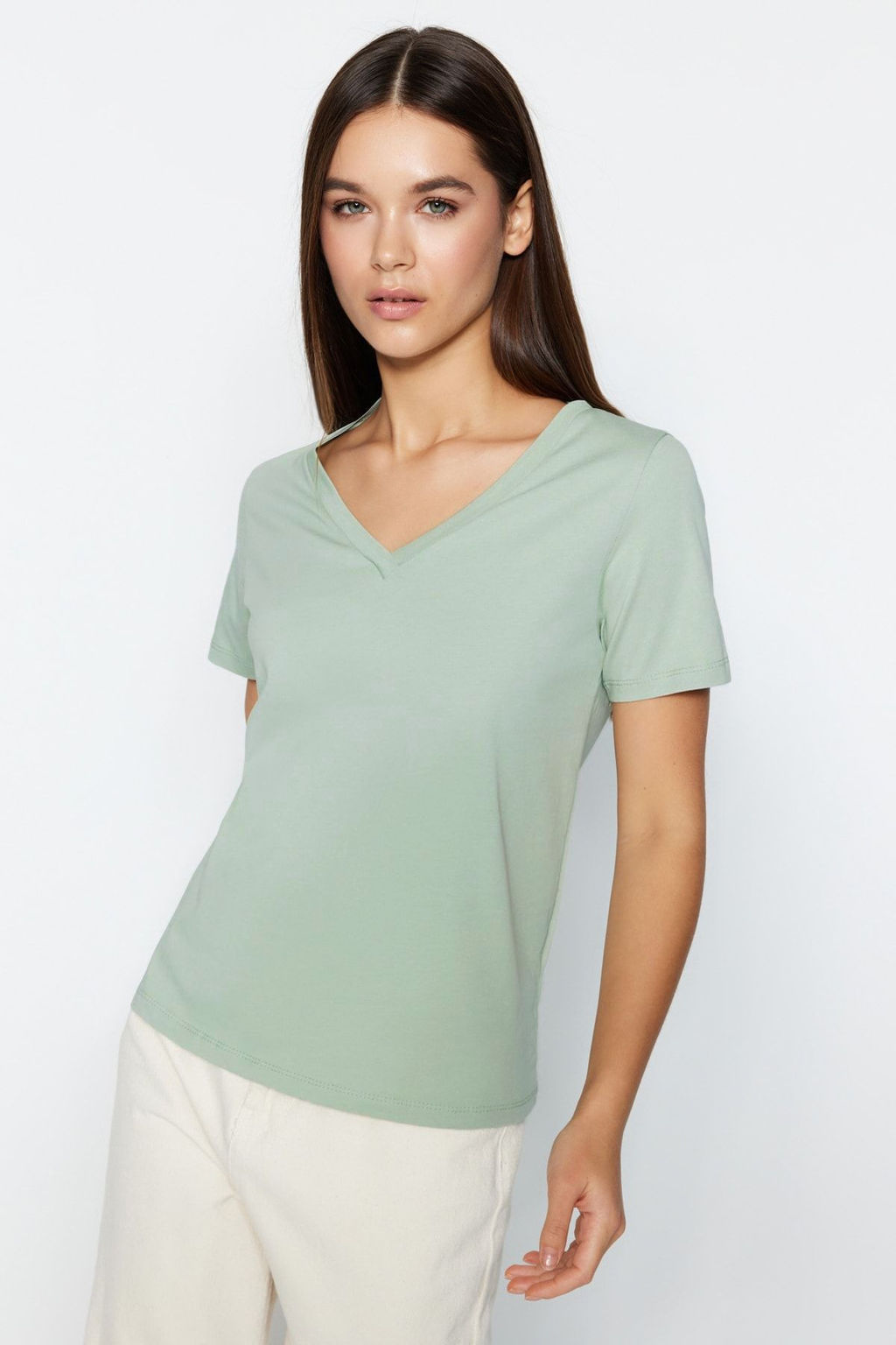 Pembe-Mint %100 Pamuk 2li Paket Basic V Yaka Orme T-Shirt TWOSS23TS00002