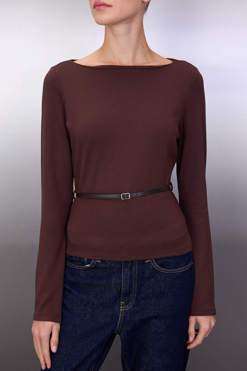 Kahverengi Kemer Detayl? Dik Yaka Uzun Kol Esnek Orme Bluz TWOAW26BZ00084