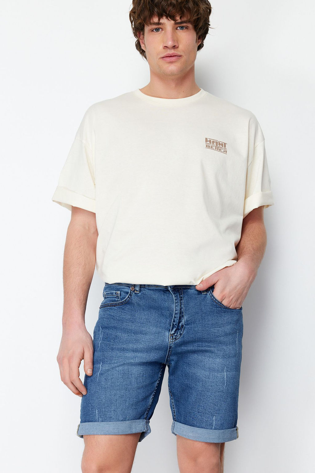 TRENDYOL MAN Mavi Slim Fit T?rm?k Destroylu Denim Kot Sort TMNSS21SR0727 - Trendyolmilla фото 7