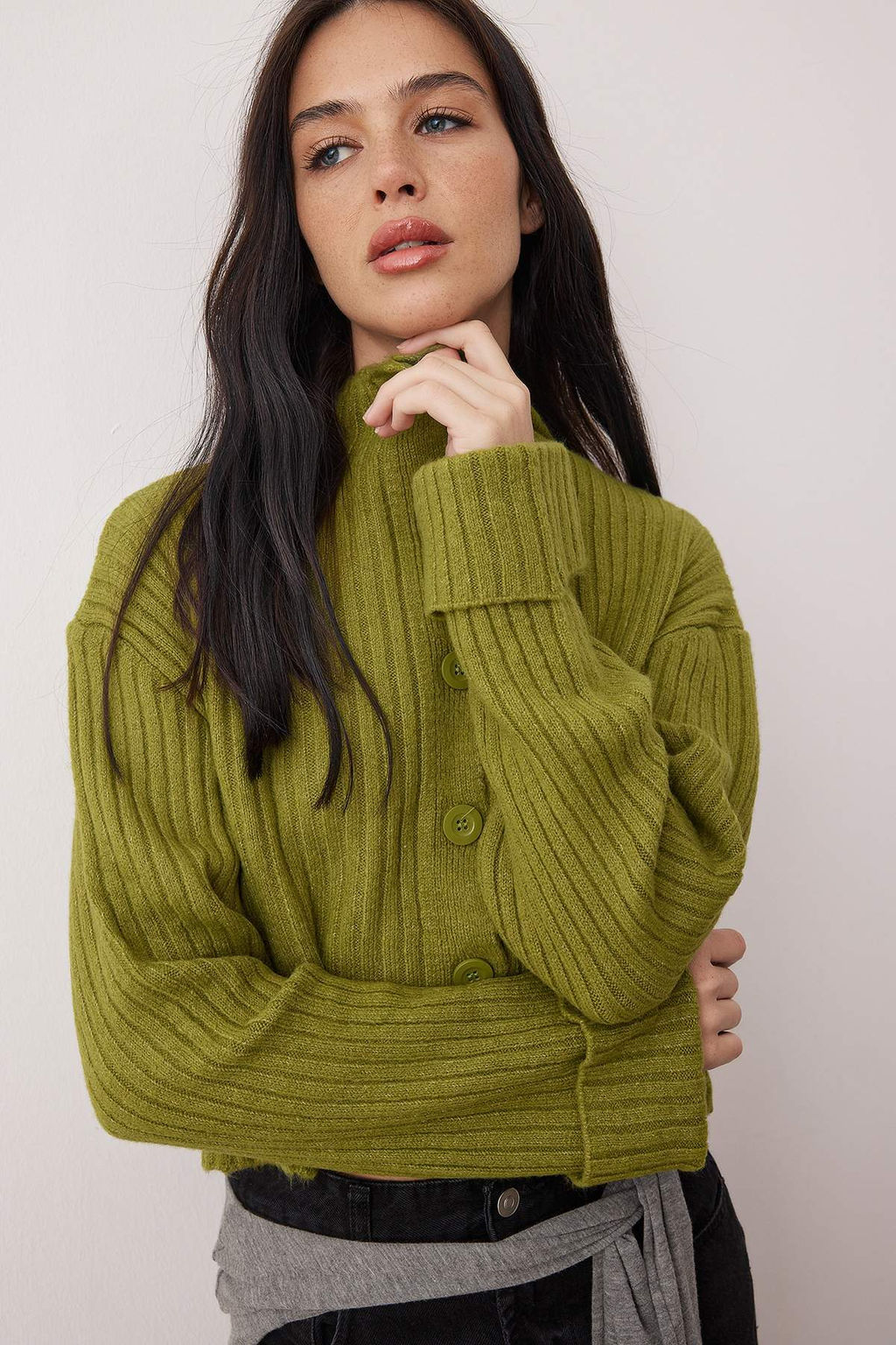 Yag Yesili Crop Yumusak Dokulu Dik Yaka Triko H?rka TWOAW22HI0174