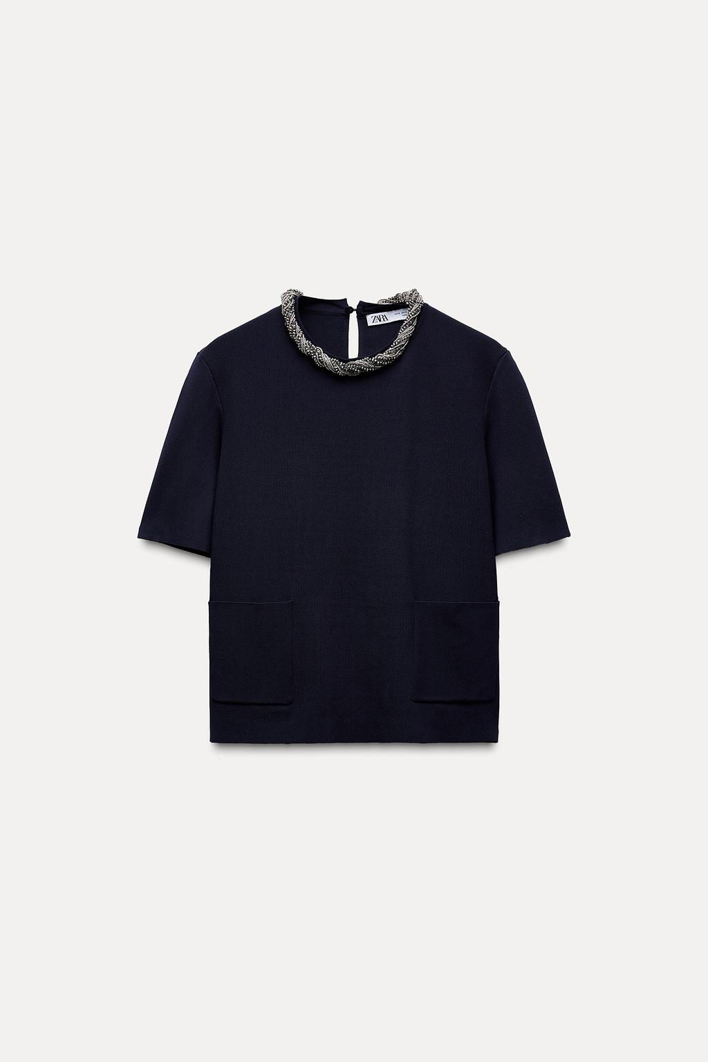 PLAIN KNIT TOP WITH BEADED NECK - Zara фото 5