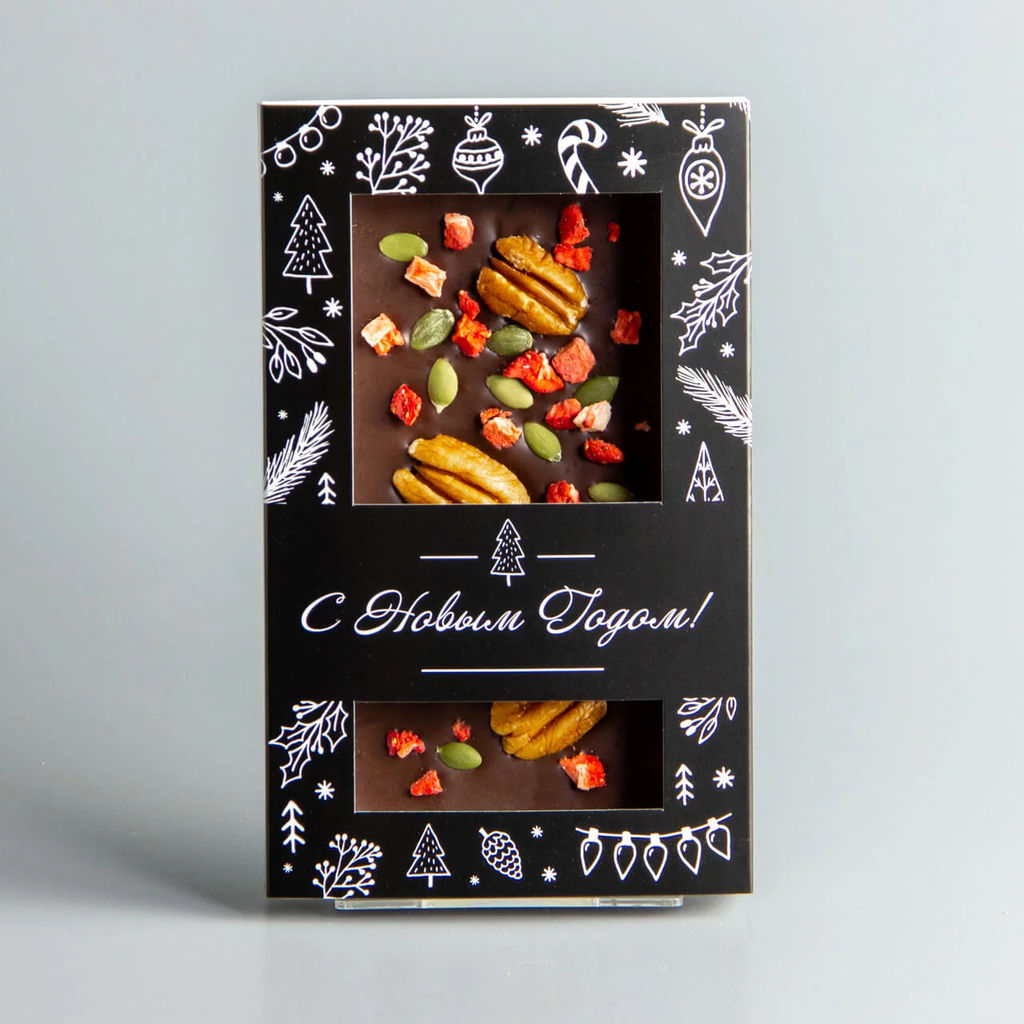 ТЁМНЫЙ ШОКОЛАД С КЛУБНИКОЙ, ОРЕХОМ ПЕКАН И СЕМЕЧКАМИ ТЫКВЫ, НОВОГОДНЯЯ КОРОБОЧКА #6