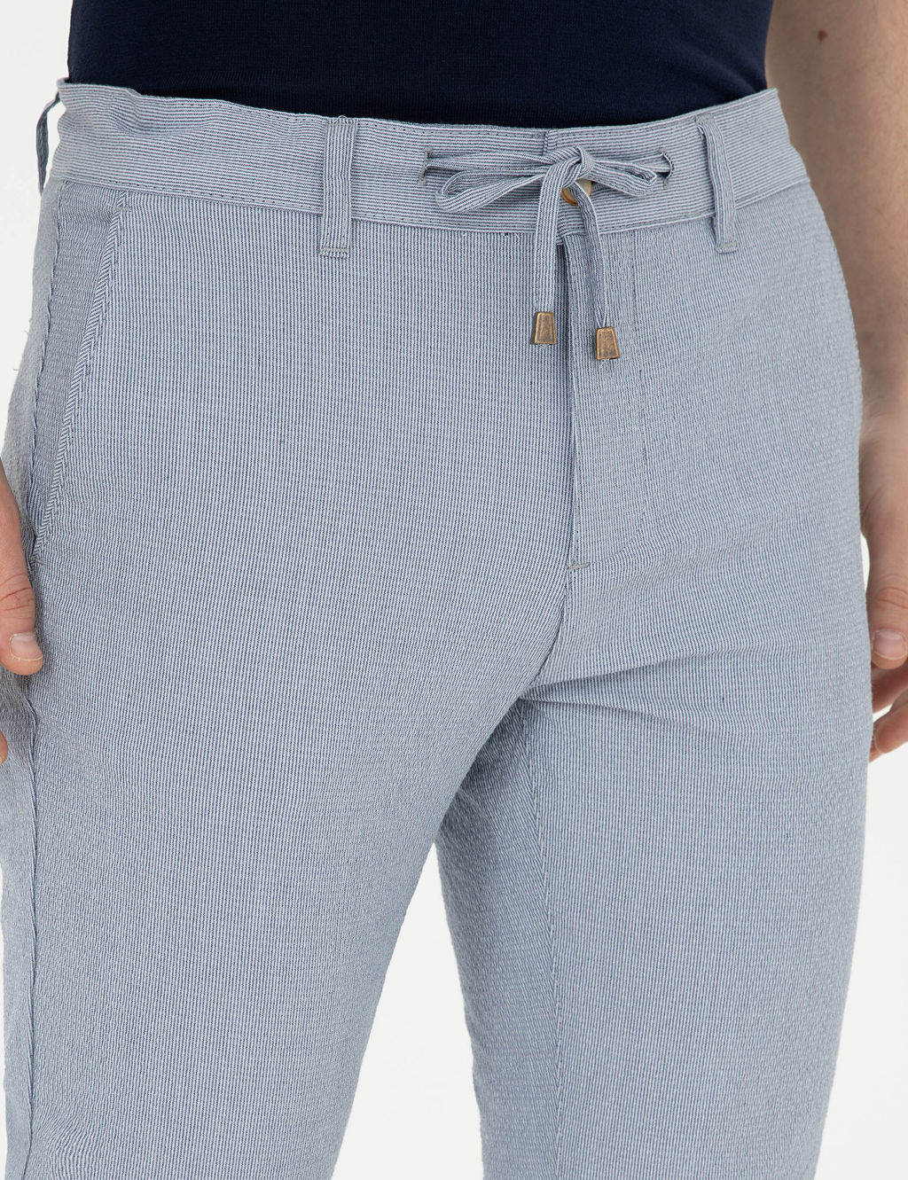 A__k Mavi Slim Fit Gofre Ba_c_kl_ Kanvas Pantolon