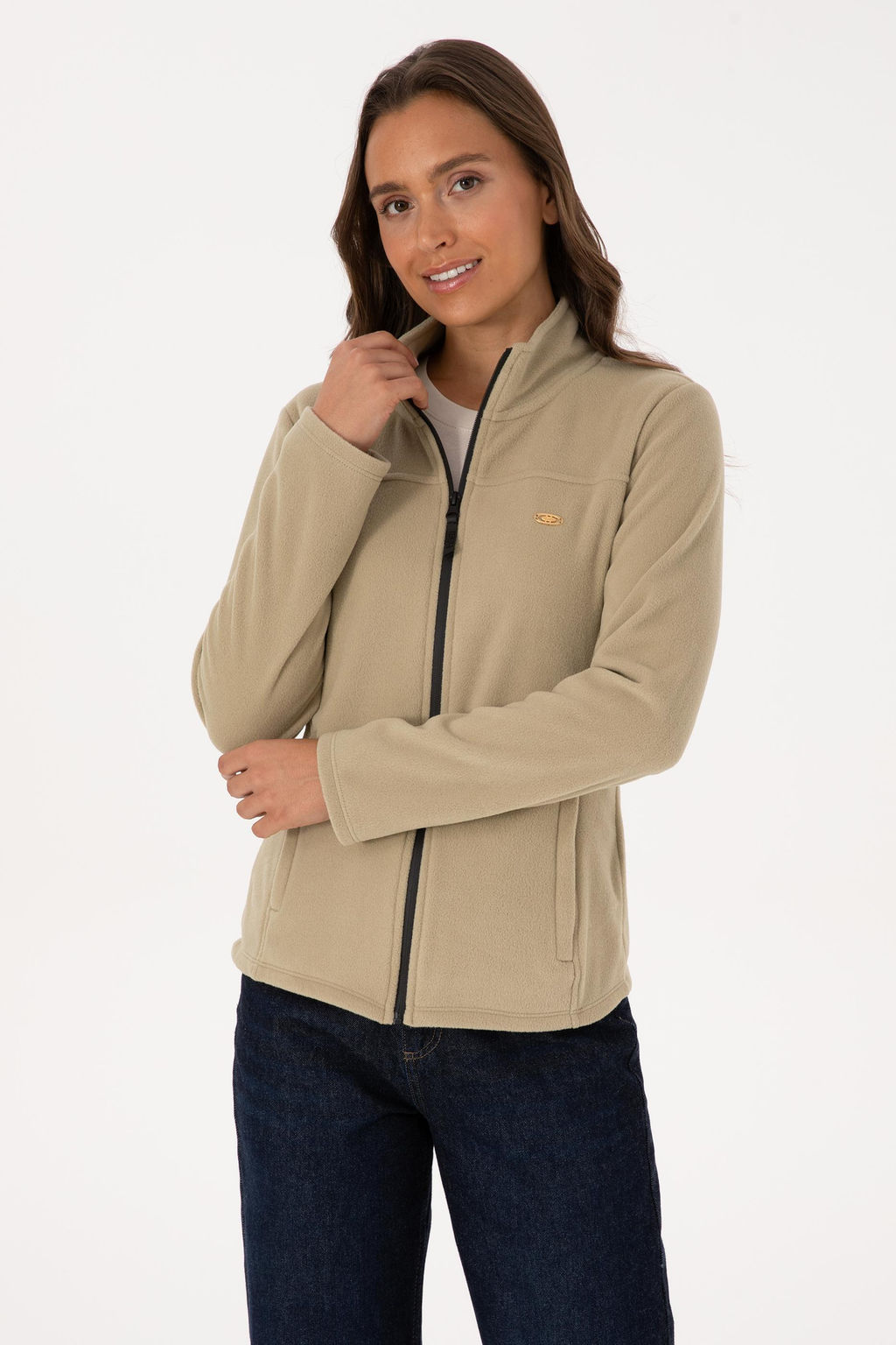 Kad_n A__k Haki Fermuarl_ Dik Yaka Polar Sweatshirt