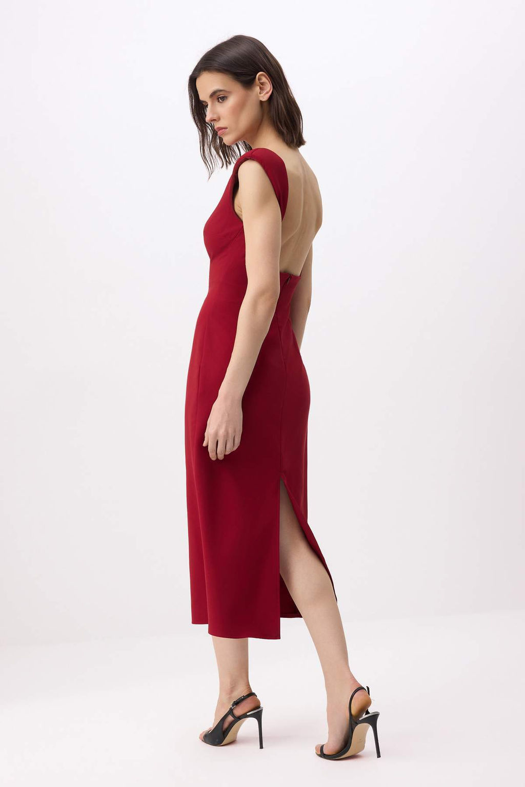 Bordo S?rt Detayl? Midi Esnek Dokuma Elbise TWOSS26EL00136