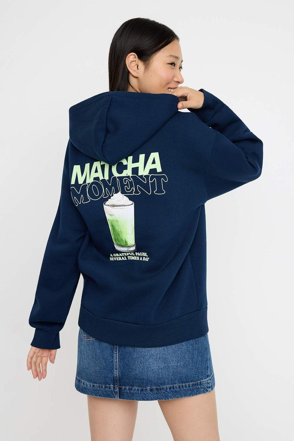Teen Lacivert Overize Kal?p Matcha S?rt Bask?l? Kal?n Ici Polarl? Orme Sweatshirt TWOAW26SW00016