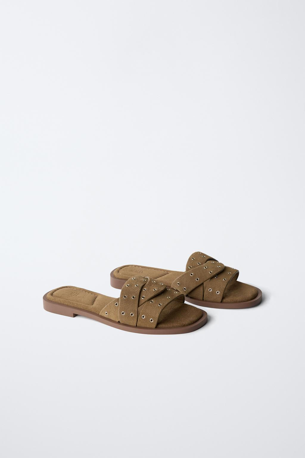 CROSS-STRAP FLAT SPLIT SUEDE SANDALS - Zara фото 3