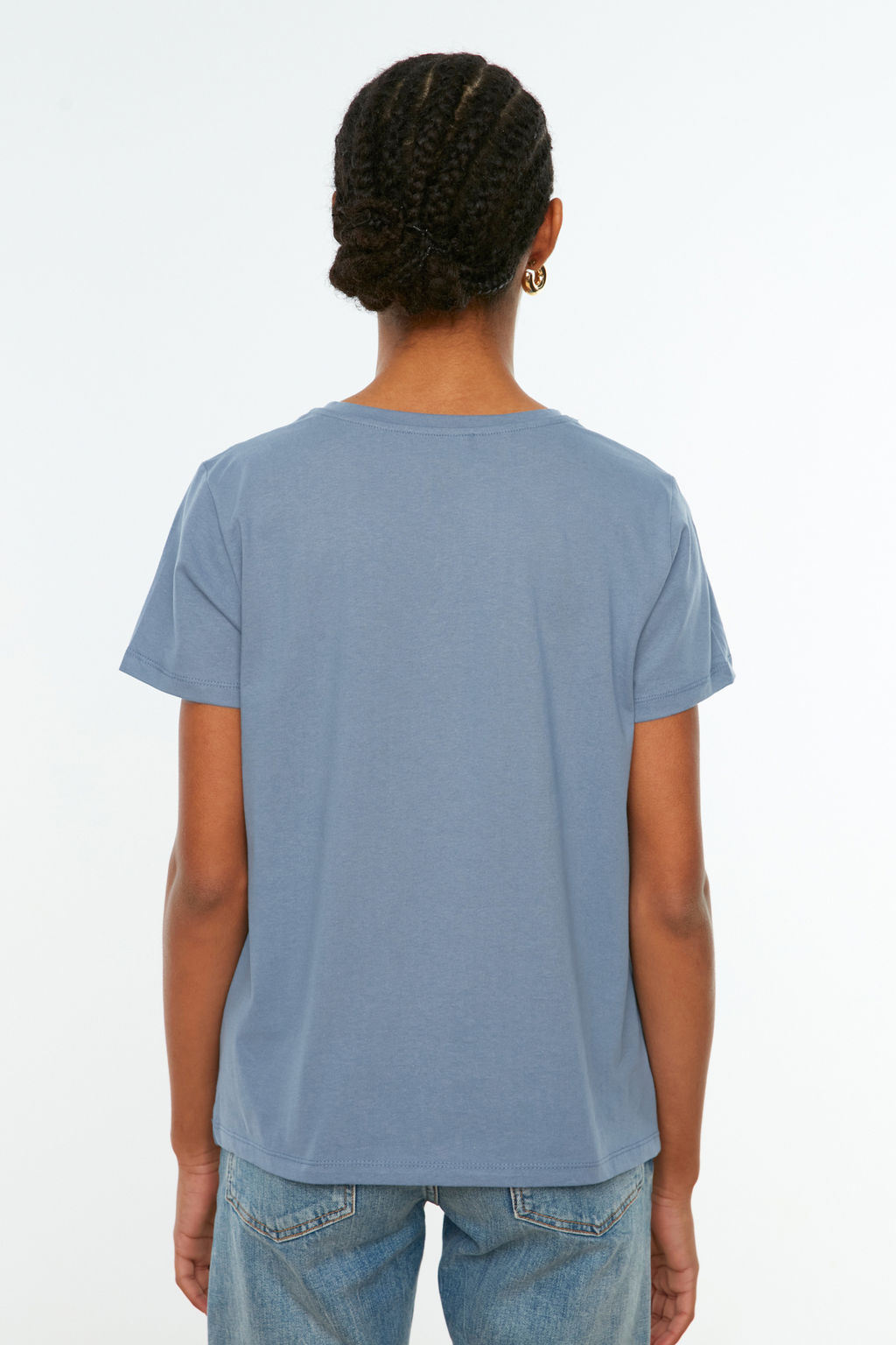 Indigo-Pembe %100 Pamuk 2li Paket Basic Bisiklet Yaka Orme T-Shirt TWOSS20TS0141