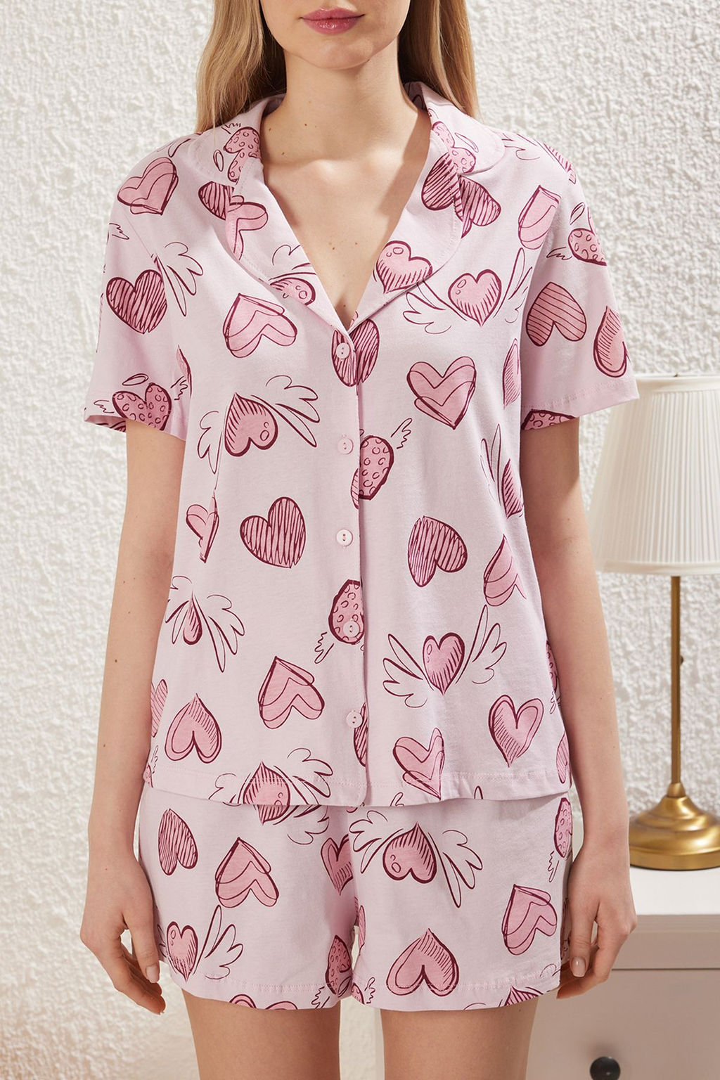 Trendyolmilla Pembe-Cok Renkli %100 Pamuklu Kalpli Sortlu Orme Pijama Tak?m? THMSS25PT00120  фото 3