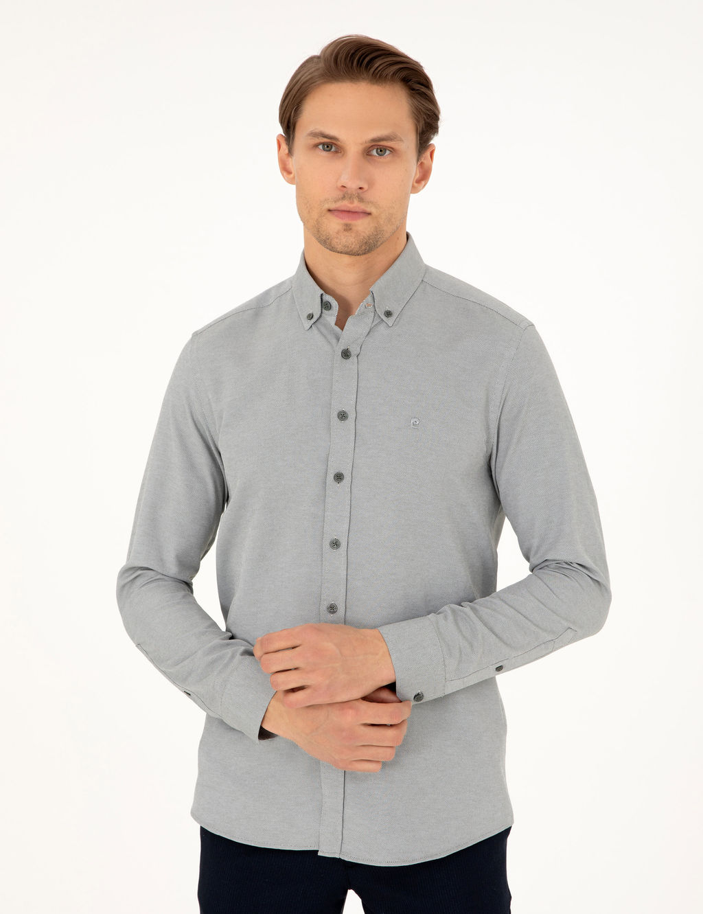 Haki Oxford Slim Fit Uzun Kollu G_mlek