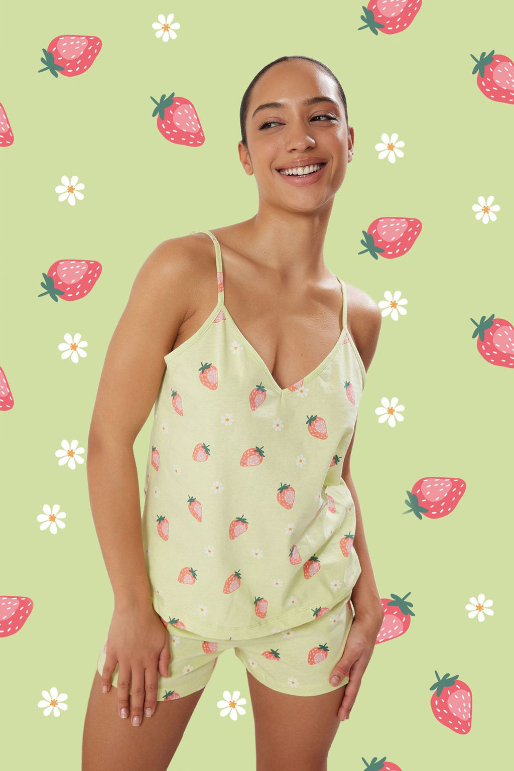 Trendyolmilla Yesil %100 Pamuklu Cilek Desenli Sortlu Orme Pijama Tak?m? THMSS25PT00066  фото 12