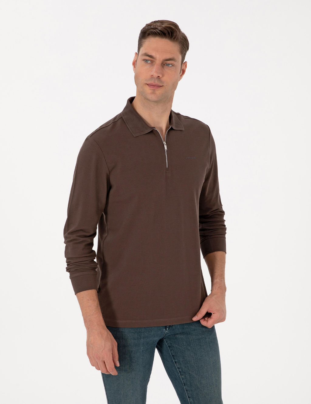Koyu Kahverengi Slim Fit K_vr_lmaz Fermuarl_ Polo Yaka Basic Pike Sweatshirt - Pierre cardin фото 3