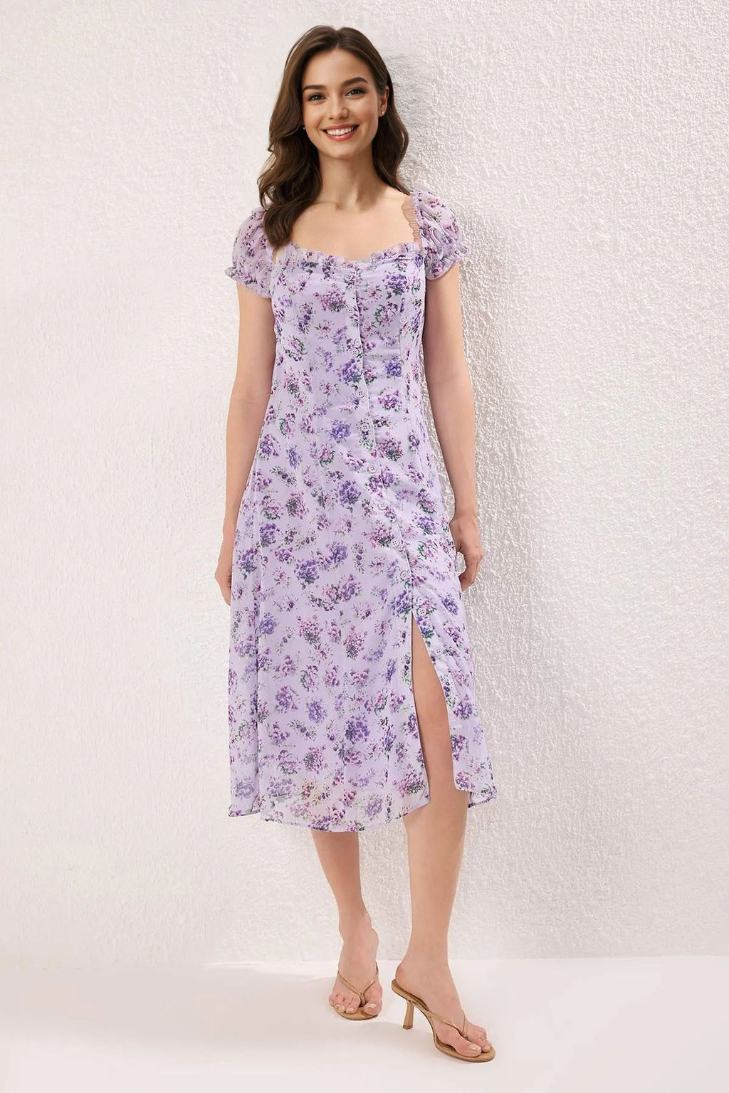 TRENDYOLMILLA Lacivert Cicekli Midi Dokuma Elbise TWOSS25EL00563