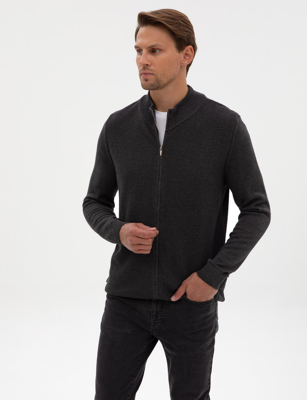 Koyu Antrasit Melanj Slim Fit Fermuarl_ Triko H_rka