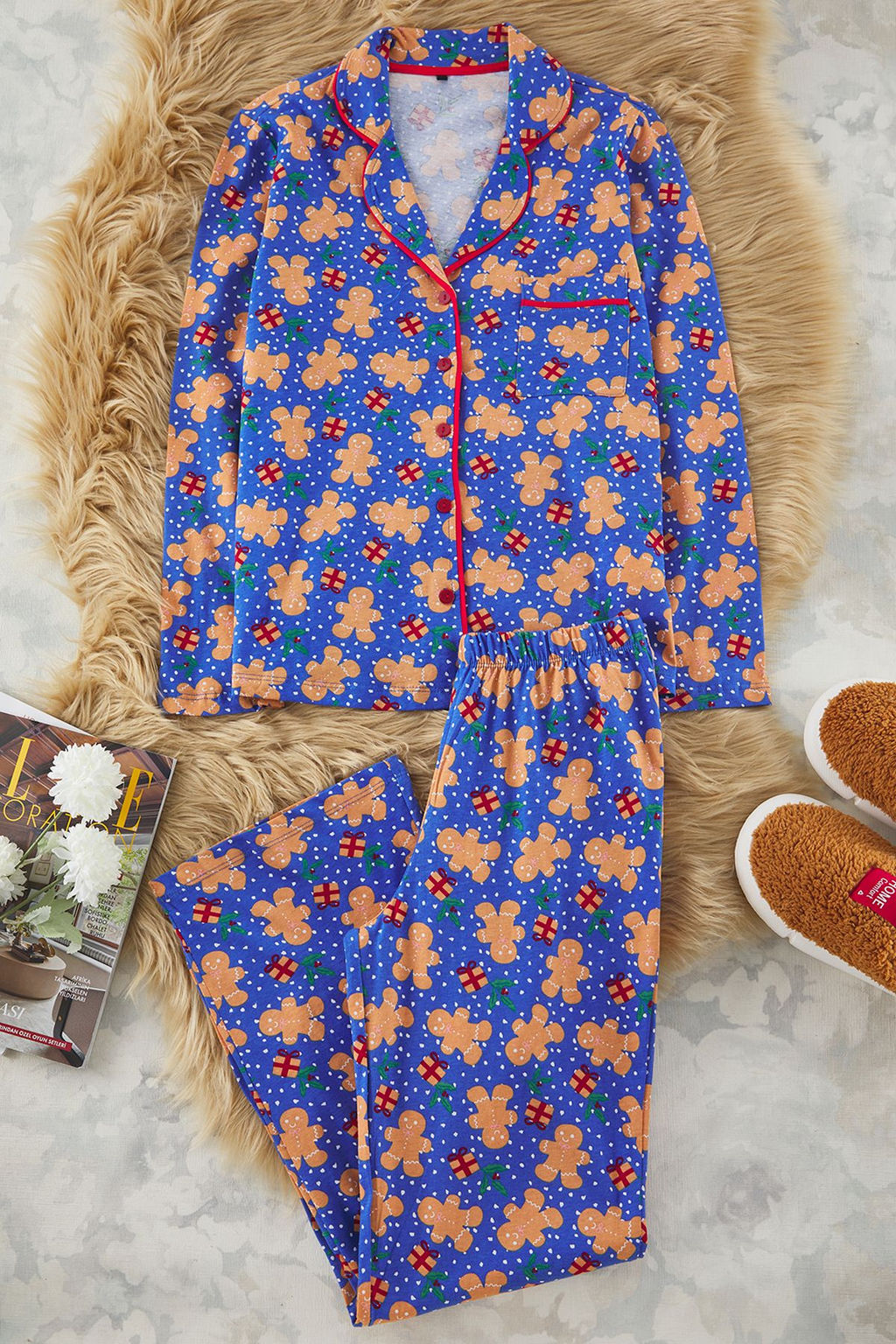 Trendyolmilla Mavi %100 Pamuklu Y?lbas? Temal? Orme Pijama Tak?m? THMAW22PT1204