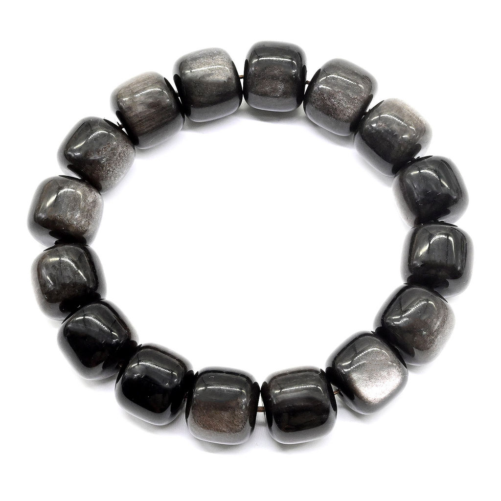 Обсидиан серебристый браслет мужской рондель 14*12мм