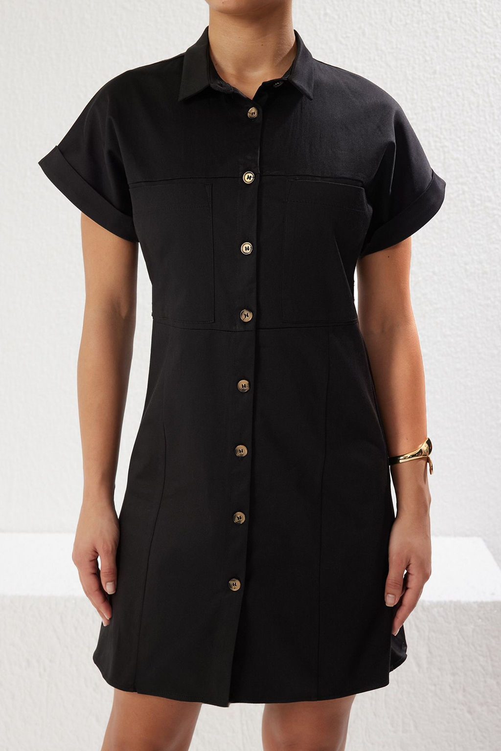 TRENDYOLMILLA Siyah Pamuk Saten Mini Dokuma Gomlek Elbise TWOSS25EL00129  фото 5