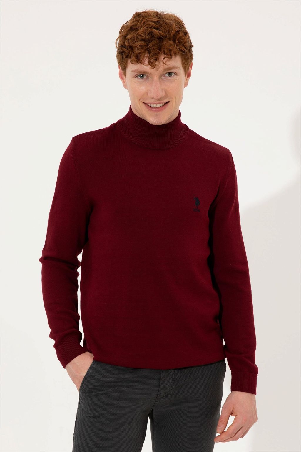 U. S. Polo Assn Мужской базовый трикотажный свитер бордового цвета с водолазкой - U.s. polo assn фото 3