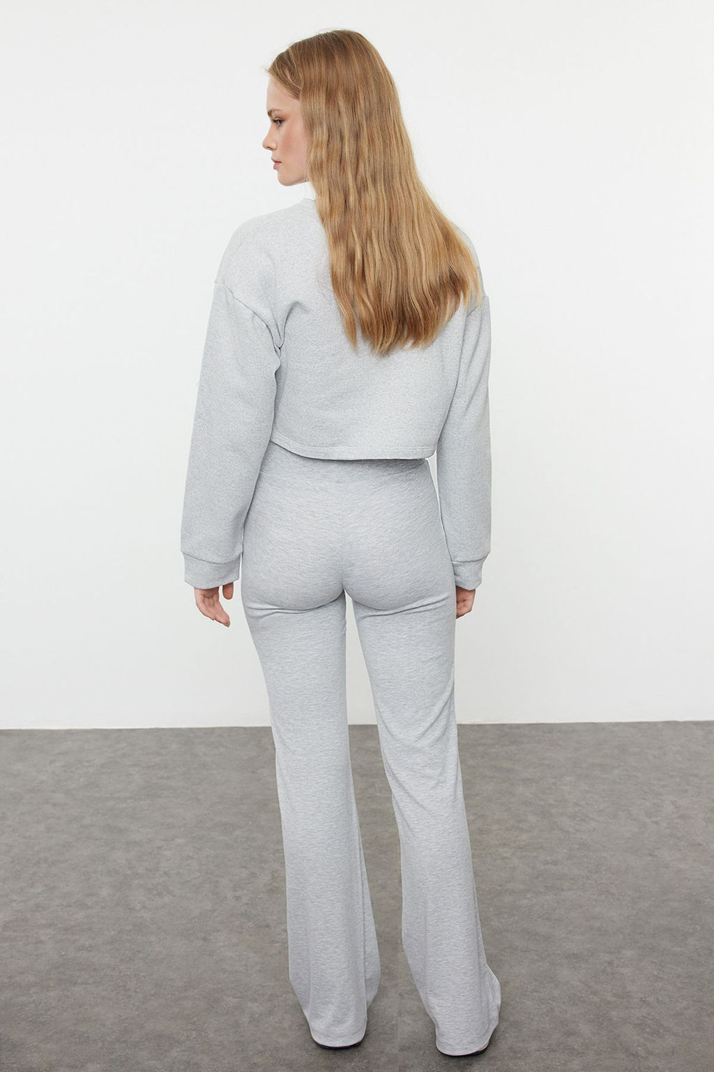 Gri Melanj Wide Leg/Ispanyol Paca Yuksek Bel Interlok Esnek Orme Pantolon TWOAW25PL00006