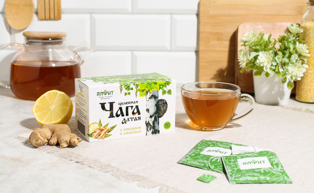 Чайный напиток целебная ЧАГА Алтая с ИМБИРЕМ и лимоном Алфит 7808