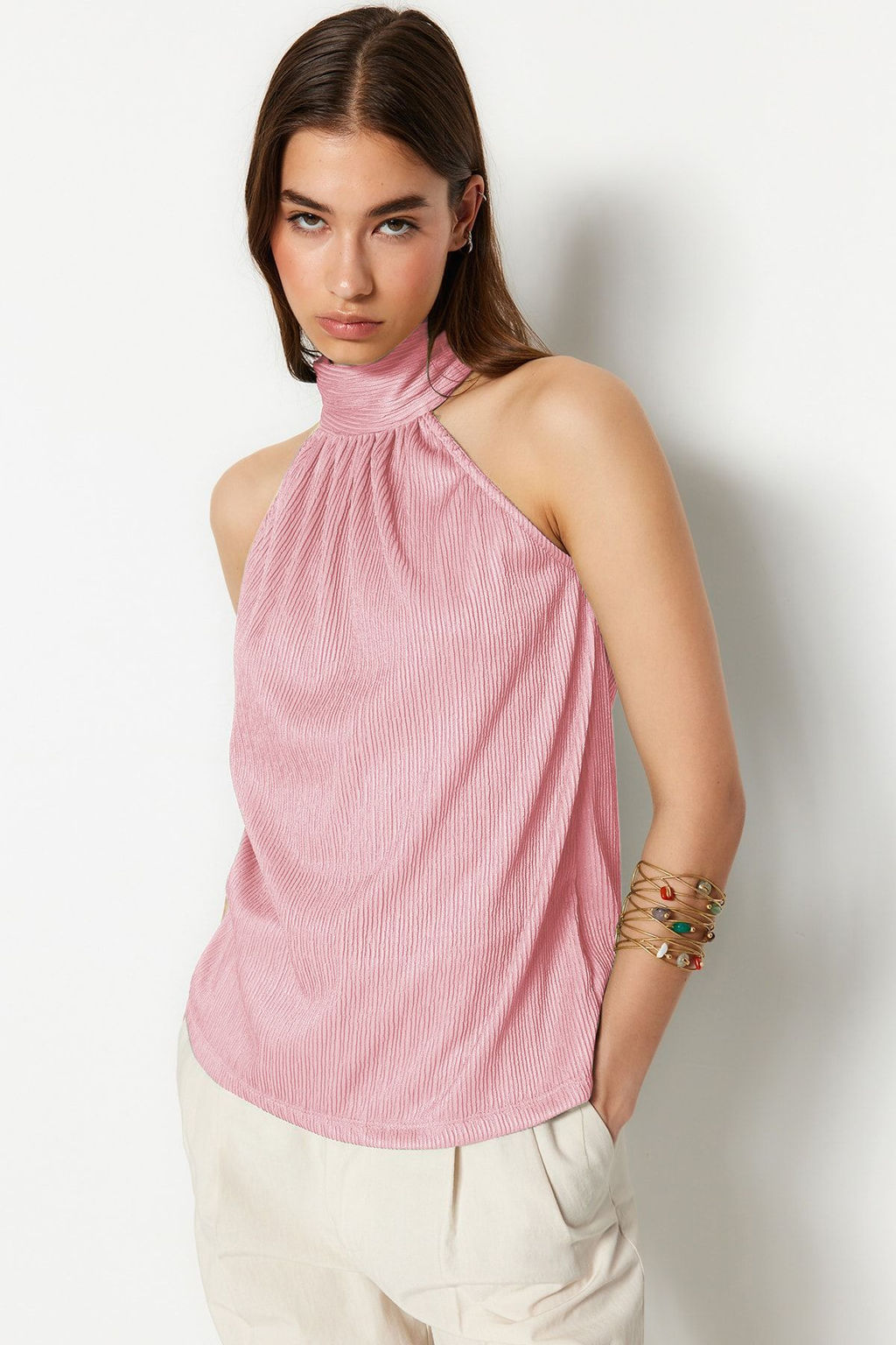 Pembe Regular/Normal Kal?p Dik Yaka Fit Pilise Esnek Orme Bluz TWOSS23BZ00952