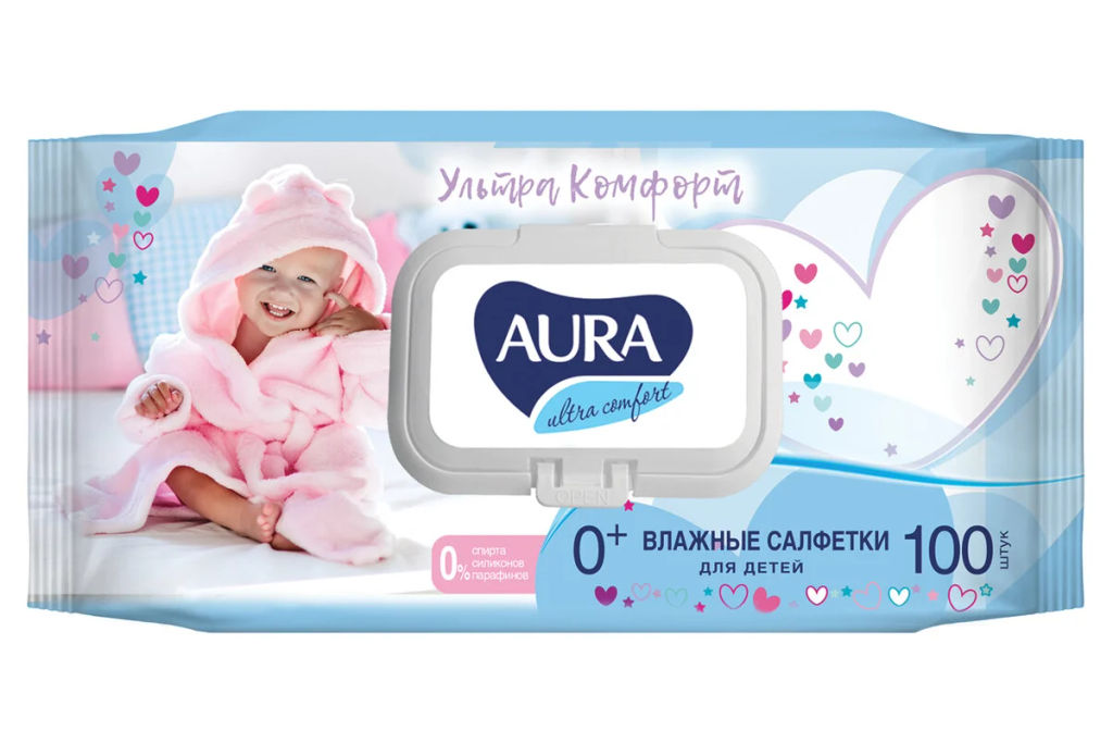 AURA влажн.салфетки Детские (100шт) Ultra Comfort с крышкой