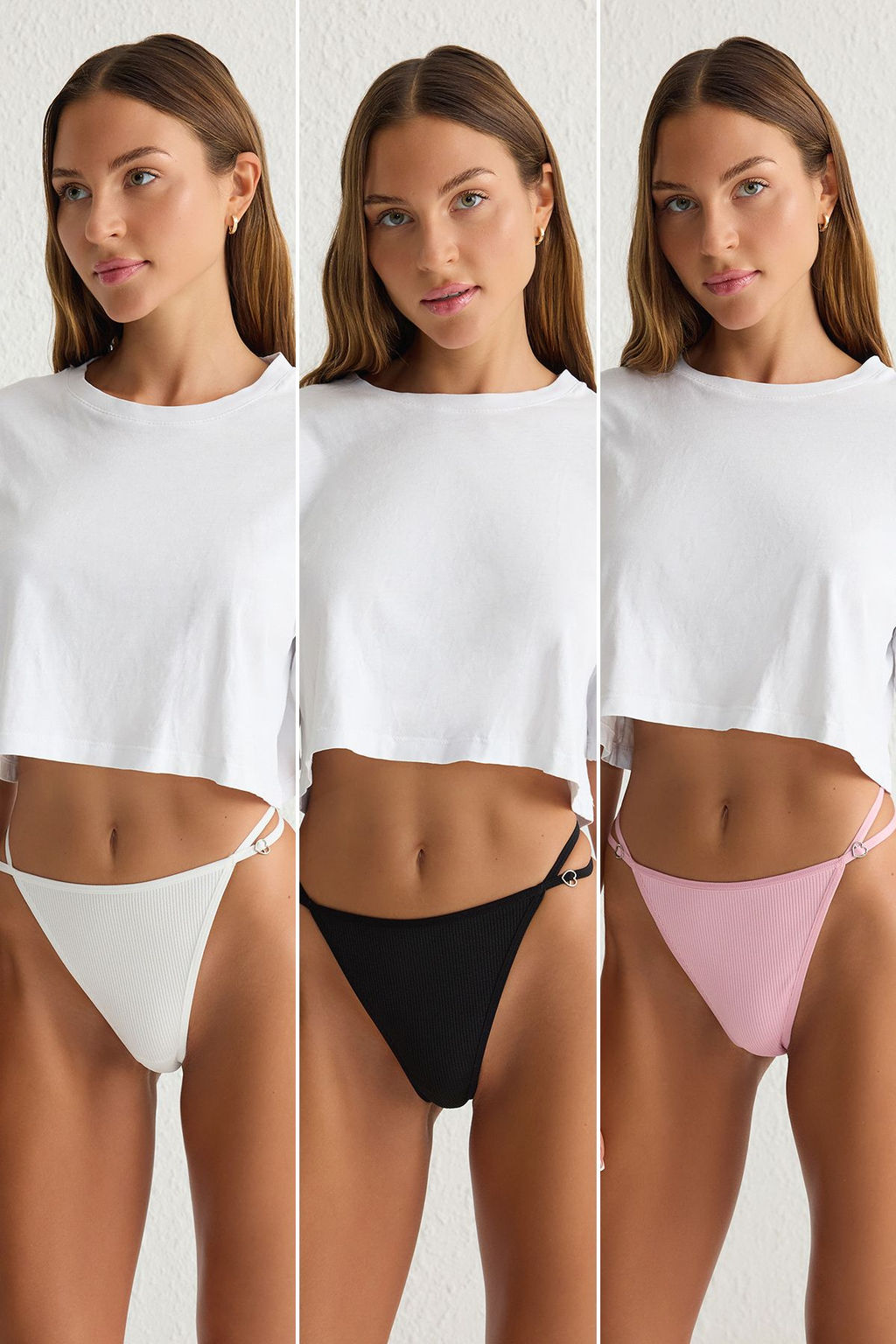Trendyolmilla Siyah-Pembe-Beyaz 3lu Paket Kalpli Aksesuar Detayl? Fitilli Tanga Orme Kulot THMSS25KU00002  фото 8