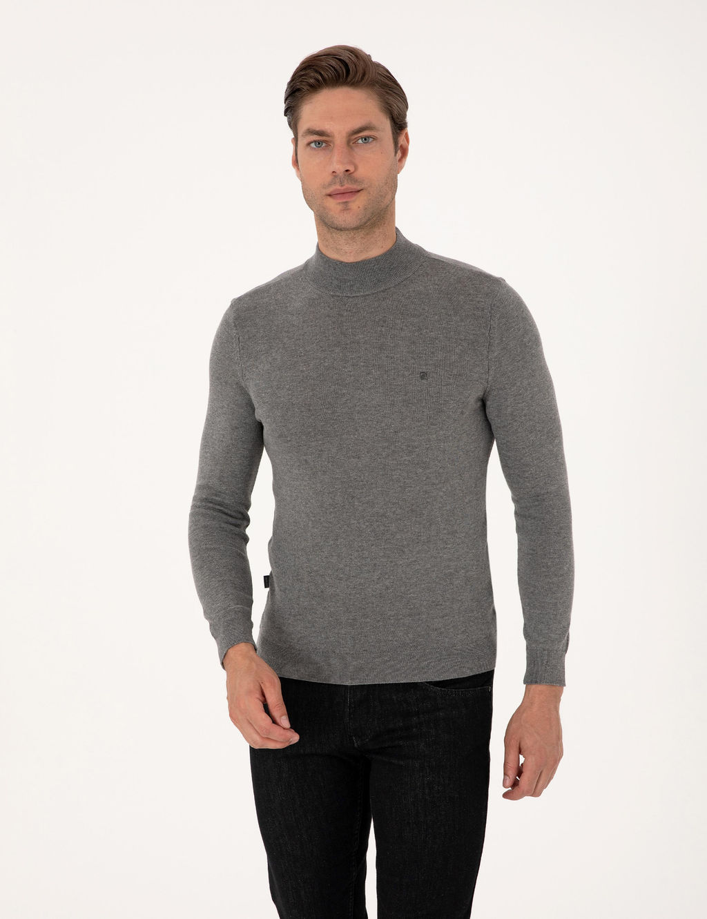Gri Melanj Slim Fit Yar_m Bal_k__ Yaka Basic Triko Kazak