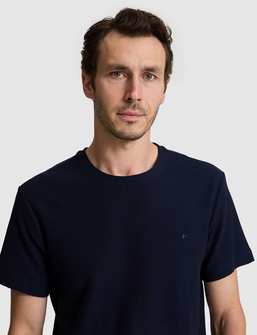 Lacivert Slim Fit Saf Pamuk _nce Fitilli Bisiklet Yaka T-shirt