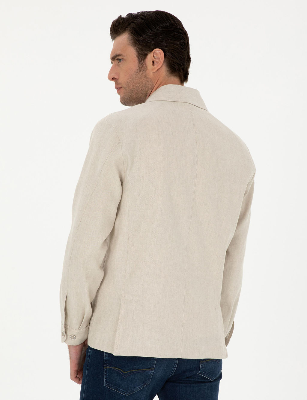 Bej Slim Fit Keten Kar___ml_ Ceket G_mlek