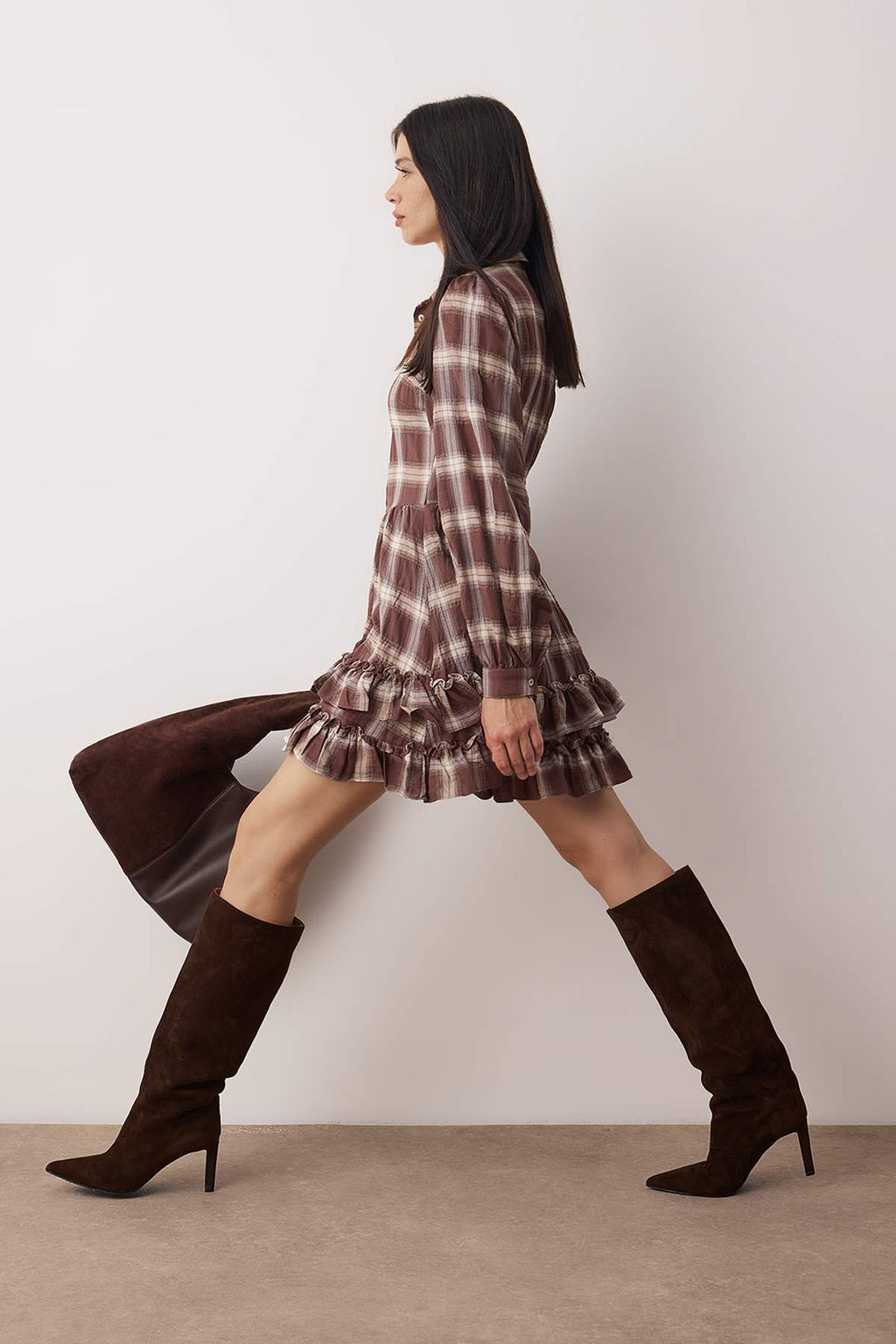 Kahverengi Ekose / Kareli F?rf?rl? K?sa / Mini Dokuma Elbise TWOAW26EL00353