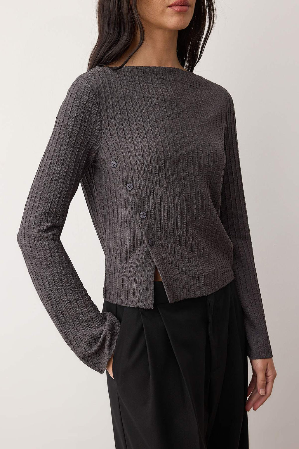 Kahverengi Dugme Detayl? Asimetrik Vucuda Oturan Esnek Orme Bluz TWOAW26BZ00040 - Trendyolmilla фото 7