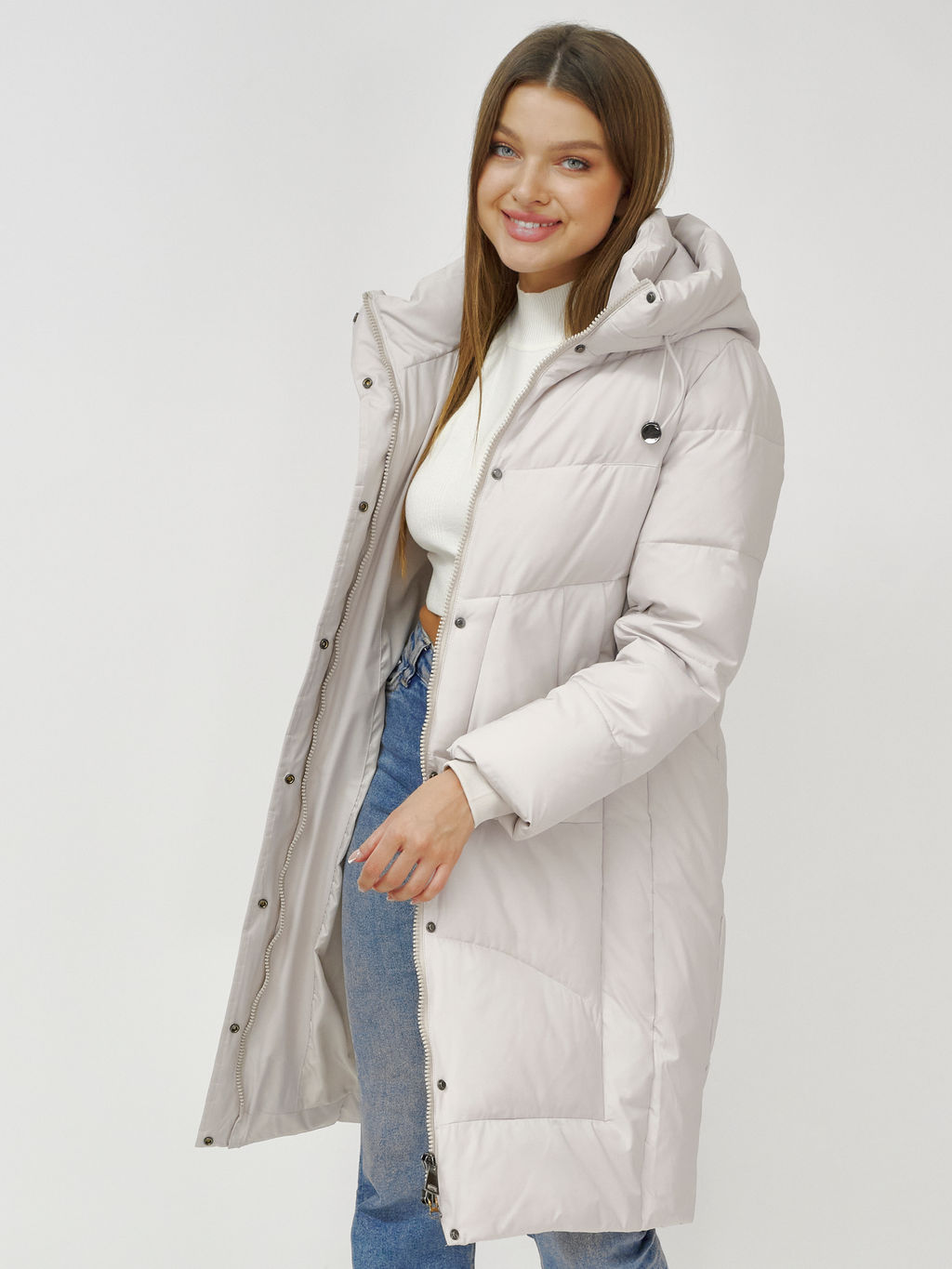 Куртка зимняя с капюшоном удлиненная стеганная бежевого цвета 9650B - Mtforce фото 19