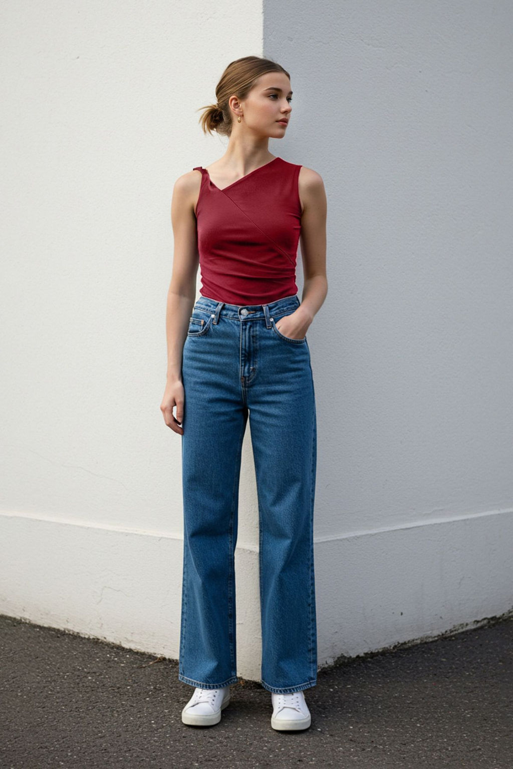 Bordo Kol Burgu Detayl? Buzgulu Asimetrik Yaka Esnek Orme Bluz TWOSS25BZ00569