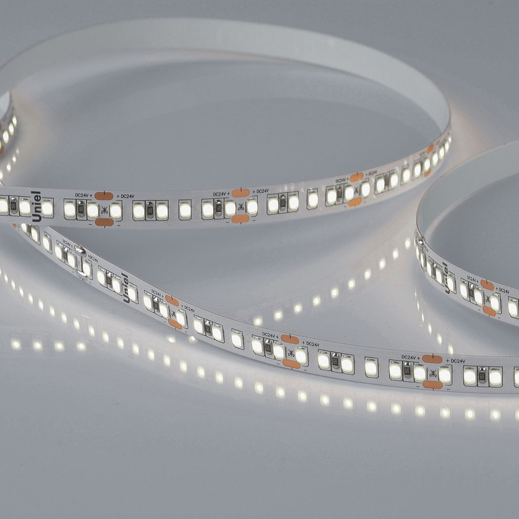 ULS-2835-168LED/m-10mm-IP20-DC24V-14W/m-5M-4000K Гибкая светодиодная лента на самоклеящейся основе. Катушка 5 м. в герметичной упаковке. Белый свет (4000K). ТМ Uniel.