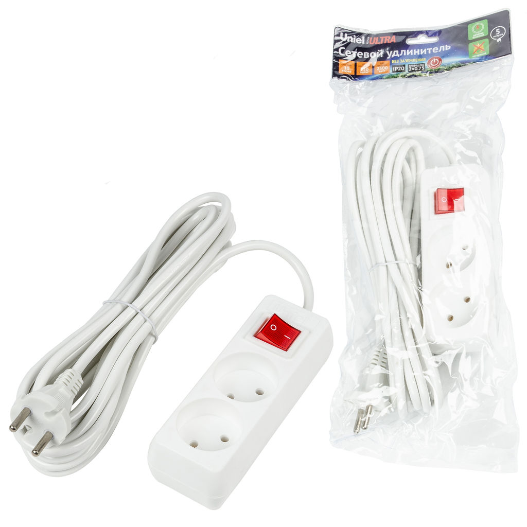 S-CU2-5B WHITE Удлинитель серии Ultra, шнур 5м., 2 гнезда, 10A, б/з. Белый. TM Uniel