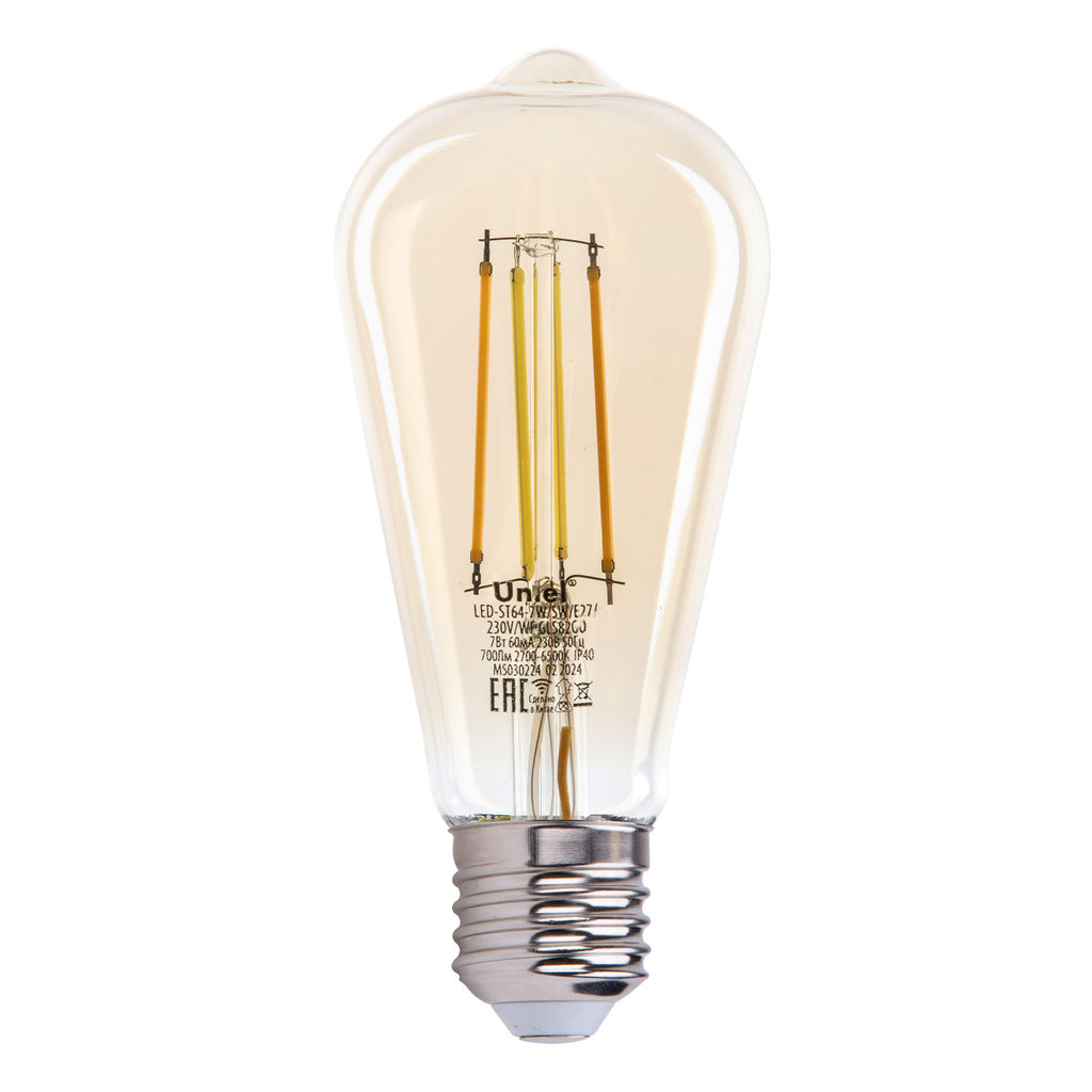 LED-ST64-7W/SW/E27/230V/WF GLS82GO Умная лампа светодиодная Wi-Fi+Bluetooth, диммируемая. Форма "конус", золотистая. Стеклянная колба. 2700-6500K. Голосовое управление+приложение UnielSmart. TM Uniel