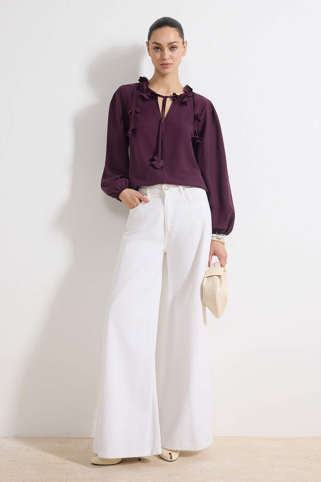 Mor Cicek Aksesuarl? Balon Kollu Dokuma Bluz TWOSS26BZ00211