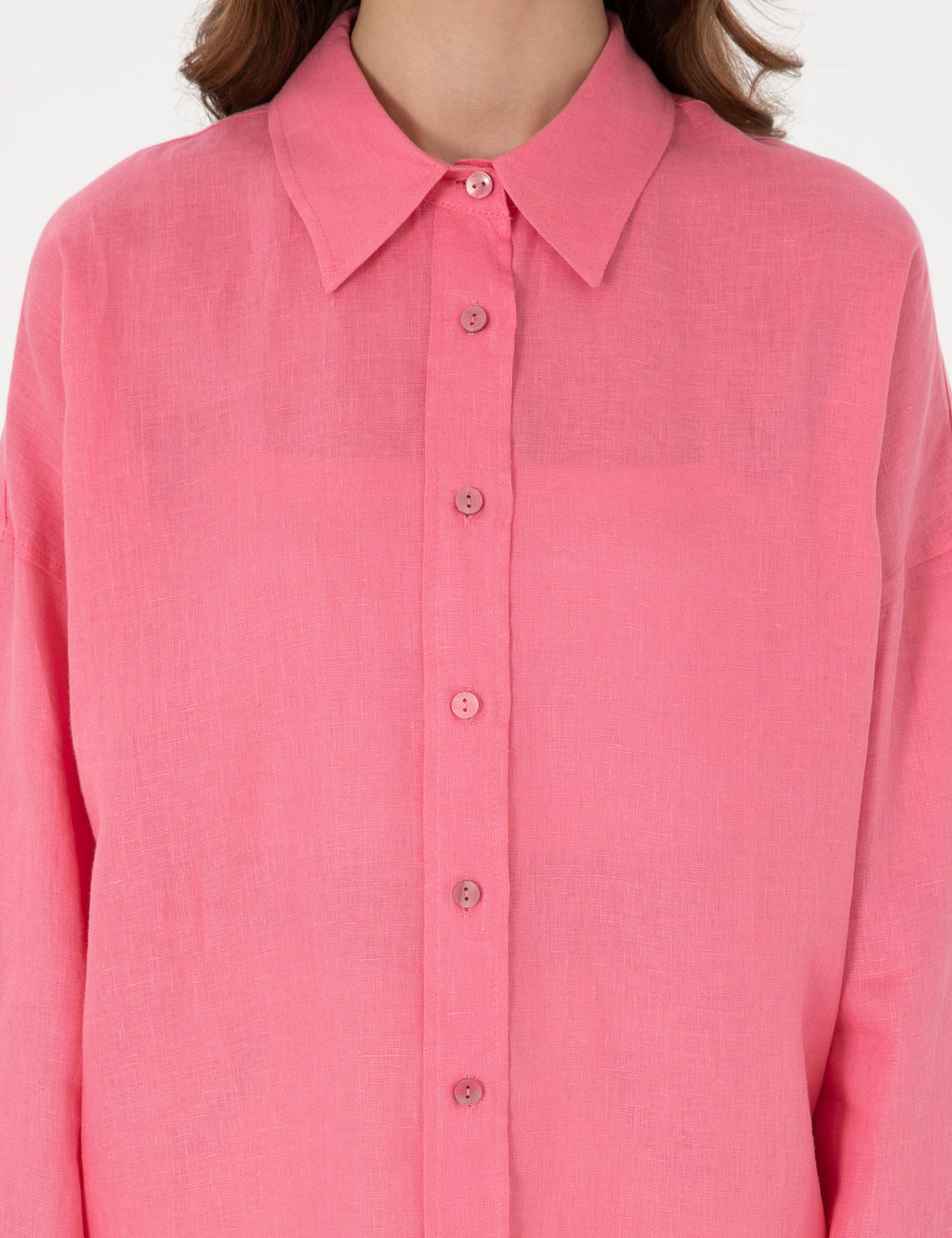 Pembe Oversize Uzun Kollu %100 Keten G_mlek