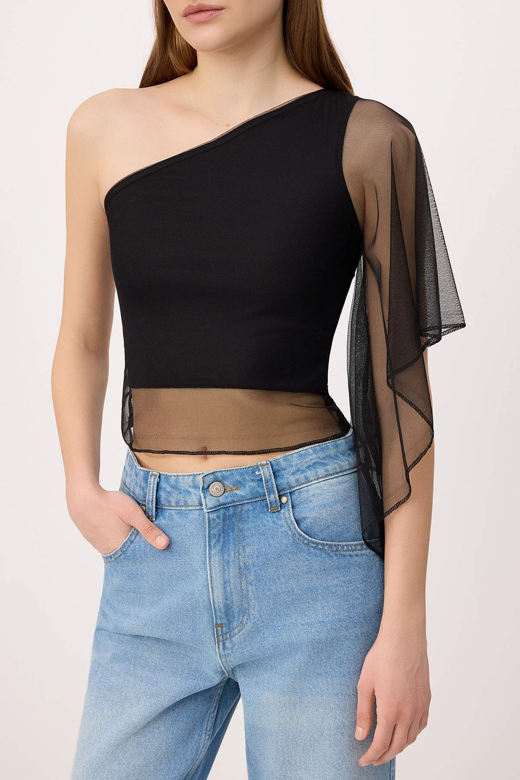 Siyah Duz Regular Asimetrik Yaka Buzgulu/F?rf?rl? Kol Tul Orme Bluz TWOSS26BZ00670